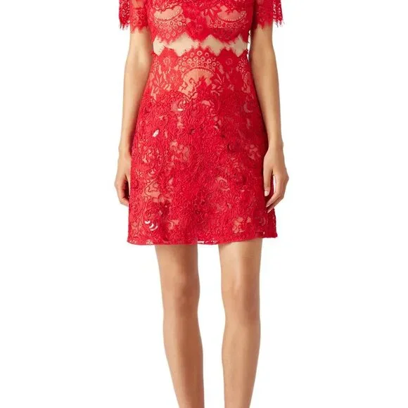 Marchessa Notte Red Diane Dress, Red Beaded Lace, Size 0 - Picture 2 of 15